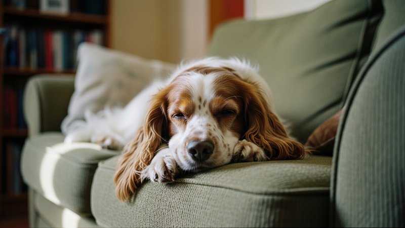 A relaxed dog resting calmly at home alone