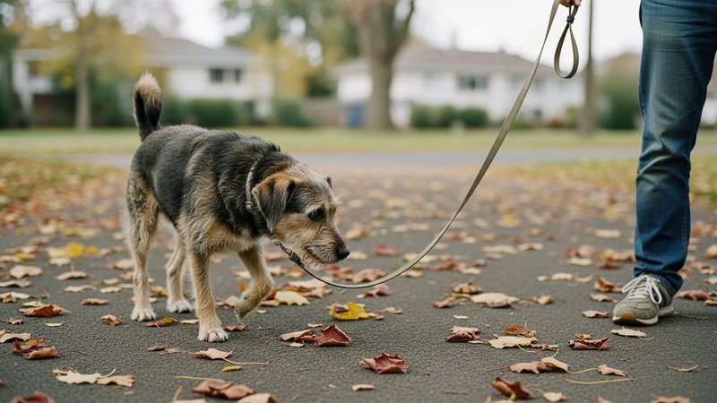 A calm dog walking on a loose leash beside its owner
